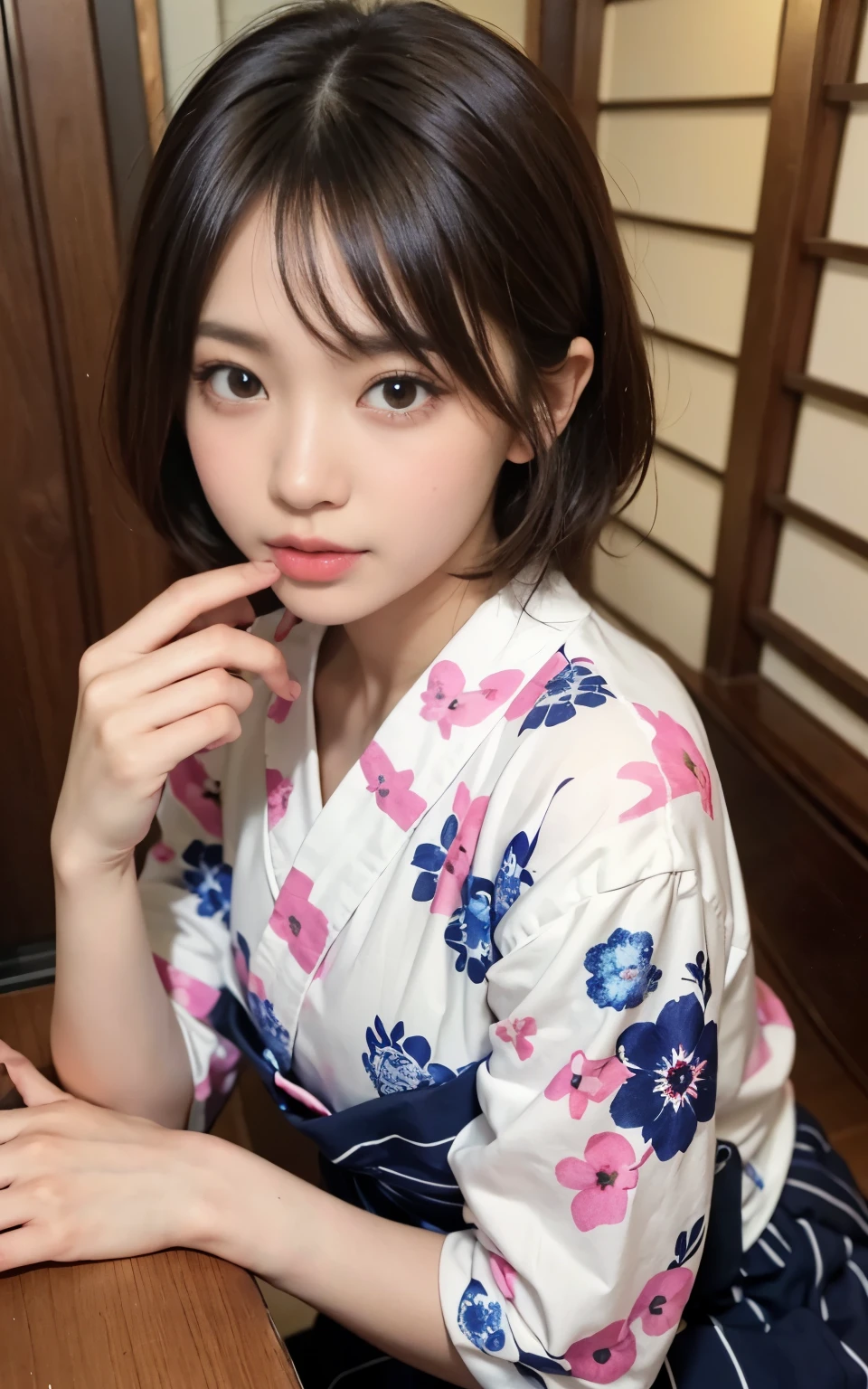 かわいい21歳の日本人、超詳細な顔、細部への注意、二重まぶた、美しい細い鼻、鋭い焦点:1.2、美しさ:1.4、(明るい茶髪、ショートカットの髪 ...