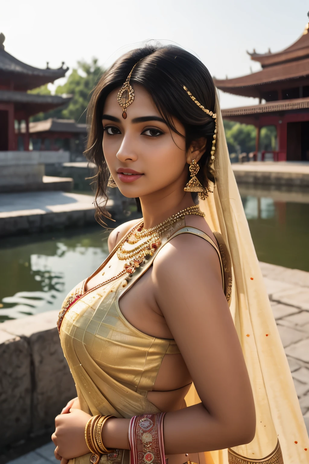 young Indian girl, 18-year-old,(((desi girl))), chubby face, natural skin, wearing hot deep neck top and dupatta, charming black hair, ((hair ends are blonde)), city streets background, bokeh  gentle sun lighting on face , firm , big breast, thick ass, big ass, full body photo, village mood , thousand pillar temple, clear blue sky, ducks, pond, birds, girl holding deepam , village girl vibe, intricate facial details, full body picture,pose flawless complexion, top-notch 3D rendering, hyper-realistic, shot on Indian road. photorealistic digital art trending on Artstation 8k HD high definition detailed realistic, detailed, skin texture, hyper detailed, realistic skin high resolution, detailed, raw photo, 400 camera f1.6 lens rich colors hyper realistic lifelike texture