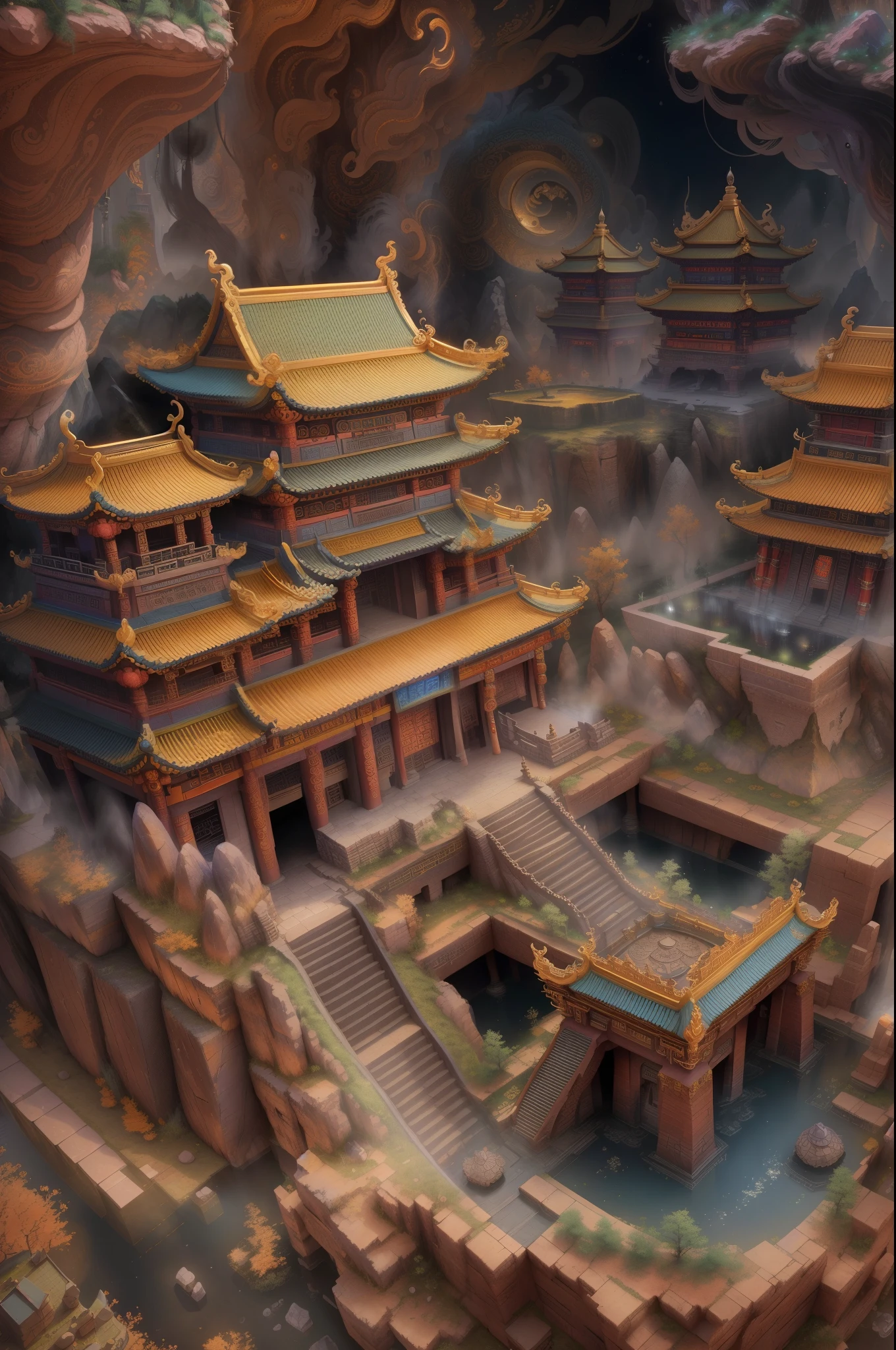 Intricate underground palace,mechanisms,ingenious design,ornate decorations,everlasting flames,myriad of burial objects,mysterious creatures,maze of the dragon's tomb,Qin Shi Huang's mausoleum,Terracotta Army,Mercury river,levitating palace,(best quality,4k,8k,highres,masterpiece:1.2),ultra-detailed,(realistic,photorealistic,photo-realistic:1.37),HDR,UHD,studio lighting,ultra-fine painting,sharp focus,physically-based rendering,extreme detail description,professional,vivid colors,bokeh,landscape,wispy color tones,warm lighting