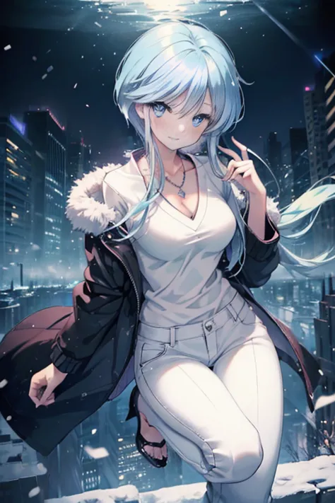 yukime,yukime　nu～b～, 1 girl, alone, light blue hair,long hair,light blue eyes,black long coat,white v-neck sweater,necklace,skin...