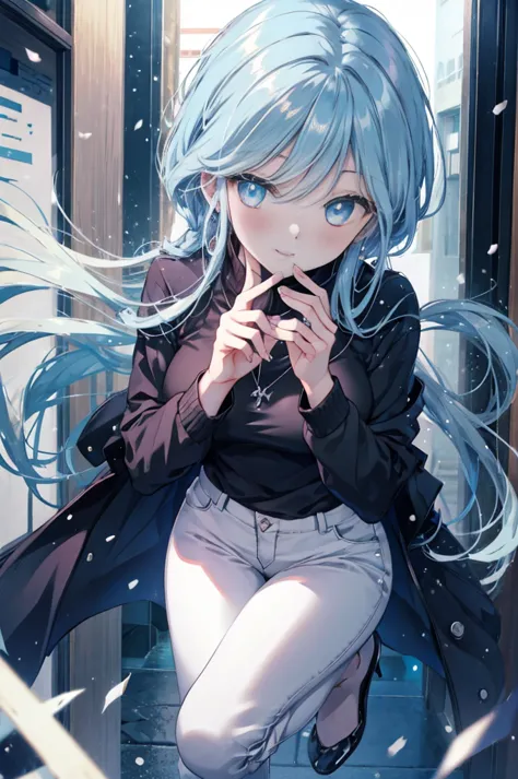 yukime,yukime　nu～b～, 1 girl, alone, light blue hair,long hair,light blue eyes,black long coat,white v-neck sweater,necklace,skin...