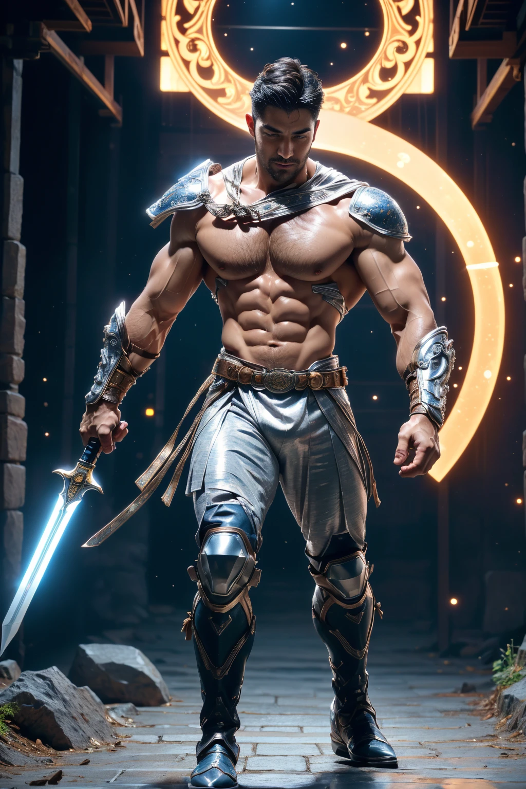  ( soldier warrior male 30 years old, Powerful gladiator, short hair！Male 30 years old, (((male body))). Handsome！Hairy pecs and abs(((male body))), man, Full-length man, perfect face shape, Silver Varono Spear Weapon, silver round shield on arm, anatomically correct, muscular. Handsome pose, a truly manly reference for men,Chest uncovered, The lower body is exposed from thighs to feet, short hair, Detailed muscle physique, lifelike depiction, 4K resolution. background: The spectacular Roman Coliseum,32k ultra high definition, best quality, masterpiece, Super details, high detail (((male body))). Handsome！hairy breasts and loose body))), man, 人物肖像 man warrior 35 years old, perfect face shape,Silver Varono Spear Weapon, silver round shield on arm, anatomically correct, muscular. Handsome pose, a truly manly reference for men, movie settings, Space lighting, silver clothing！！！, best quality, human development report, art station, Digital space camouflage,  human development report纹理, , dynamic poses, laser(permanent, bring boots, Showing white boots with protective gear )
