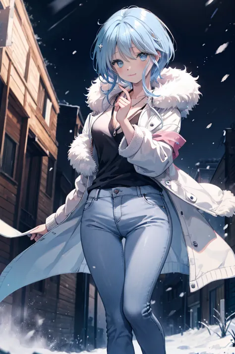 yukime,yukime　nu～b～, 1 girl, alone, light blue hair,short hair,light blue eyes,black long coat,white v-neck sweater,necklace,ski...