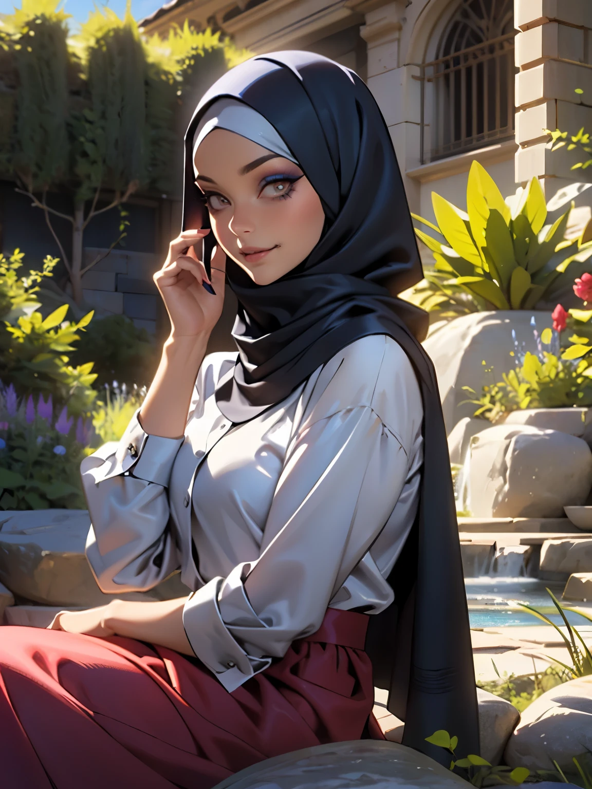 3dmm style, Masterpiece, realistic, best quality, best lighting, beautiful mature Czech woman, 1 girl photo solo, beautifully makeup, eyeshadow, Parted Lips, Detailed Eyes, Big eyes, brown eyes, long eye lashes, dimples on the cheeks, smile, wearing ((Dark blue satin hijab)), loosely tide hijab style, ((gray satin shirt and satin long skirt)), (Half-body portrait), Front view, Symmetric Centre, facing the viewer, sitting on rocks, garden.