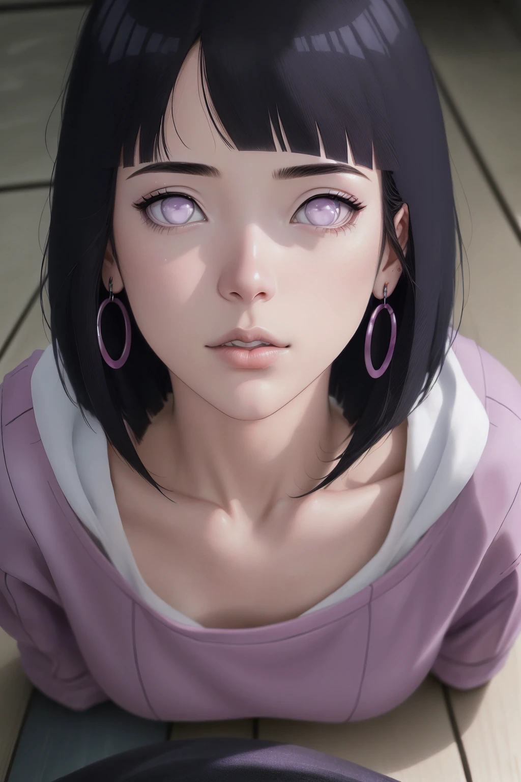 { - anatomy error} (Masterpiece - Ultra-detailed, very high resolution) , absurdos, Hinata\(Boruto\), 1girl, sozinho,Mature female, Capuz roxo,mangas em camadas, jeans, ao ar livre, Cloudy sky, perfect composition, circunstanciado lips, peito grande, beautiful face, body propotion, corar, (pink lips), cabelos pretos curto (black hair), lilac eyes, olhar suave, super realistic, circunstanciado, rosto e corpo realistas, Realistic hair, olhos realistas, nariz realista, realistic lips, with large hoop earrings,  anime. Walking on the floor with lilac shoes.