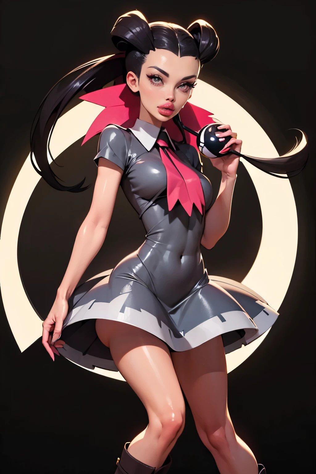 Generate an illustration of a mature Roxanne, gym leader of pokemon , (gray dress), hd, holding a pokeball  all,  (aletta ocean face), de terno preto, pink ascot, (twin ponytails),  long black hair, twin ponytail, shiny hair, (small breasts:1.2), outfit in anime format with a serious style, boots, make up, masterpiece, dark lighting, black background, puffy lips,(slendered abs), beautiful face,