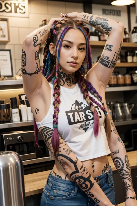 Young woman, age 38, hipster, multicolored hair in braids, tattoos, four arms, in coffee shop,