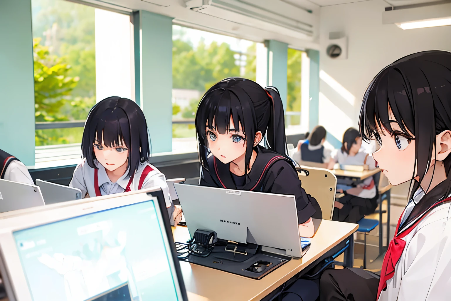 Japanese high school、in the computer room３high school students are looking at the monitor,２people are high school girls,１man male college student,２D&#39;s anime style