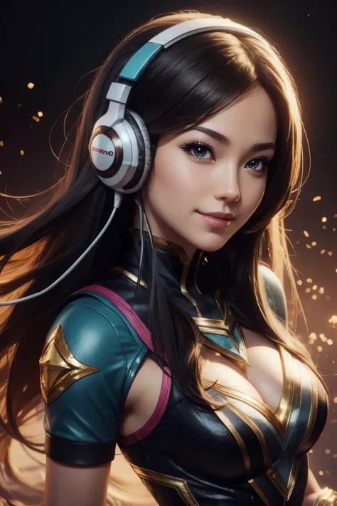 a close up of a girl with headphones on smiling, 8k artgerm bokeh, rossdraws global illumination, league of legends character, s...