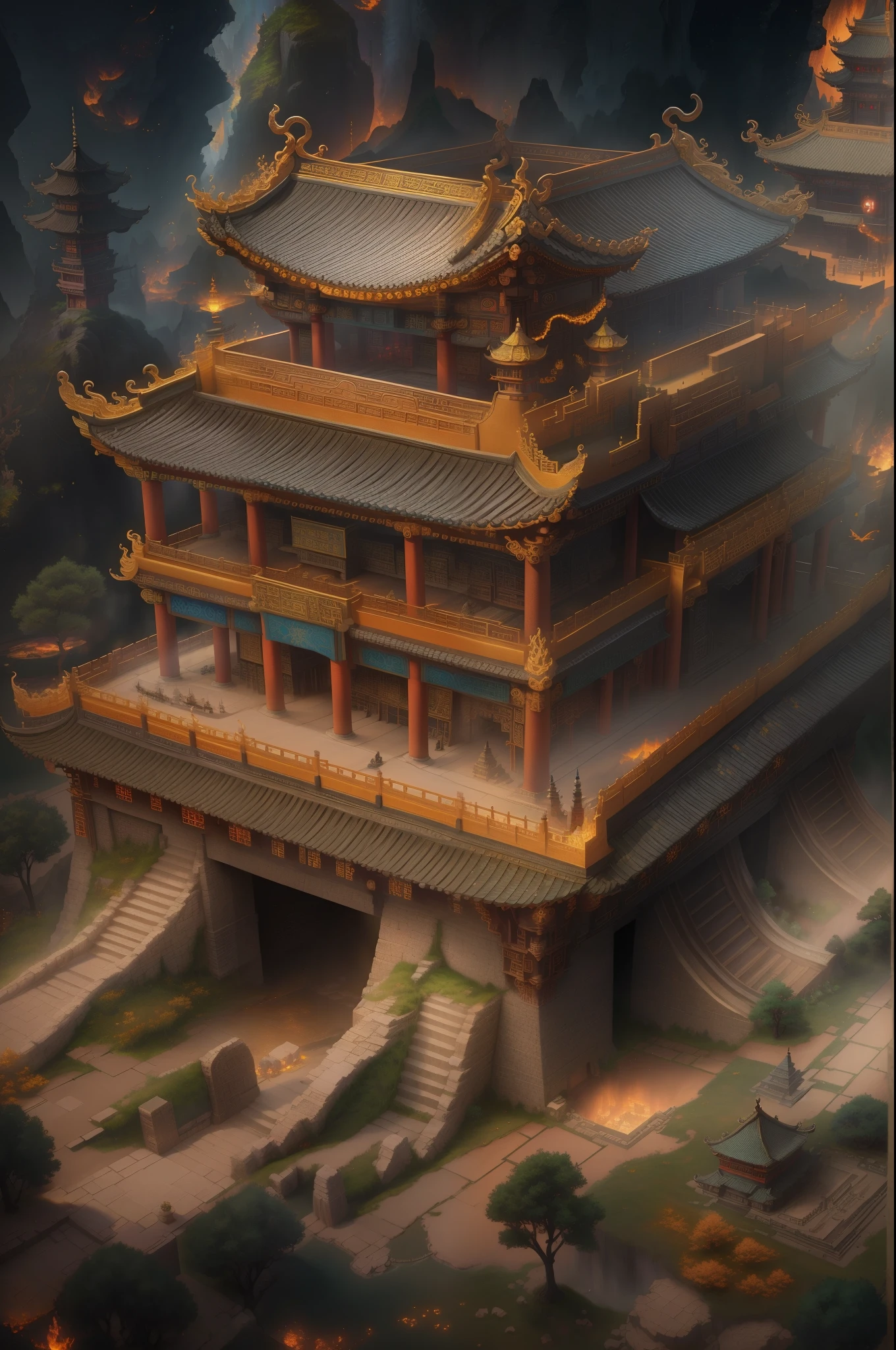 Intricate underground palace,mechanisms,ingenious design,ornate decorations,everlasting flames,myriad of burial objects,mysterious creatures,maze of the dragon's tomb,Qin Shi Huang's mausoleum,Terracotta Army,Mercury river,levitating palace,(best quality,4k,8k,highres,masterpiece:1.2),ultra-detailed,(realistic,photorealistic,photo-realistic:1.37),HDR,UHD,studio lighting,ultra-fine painting,sharp focus,physically-based rendering,extreme detail description,professional,vivid colors,bokeh,landscape,wispy color tones,warm lighting