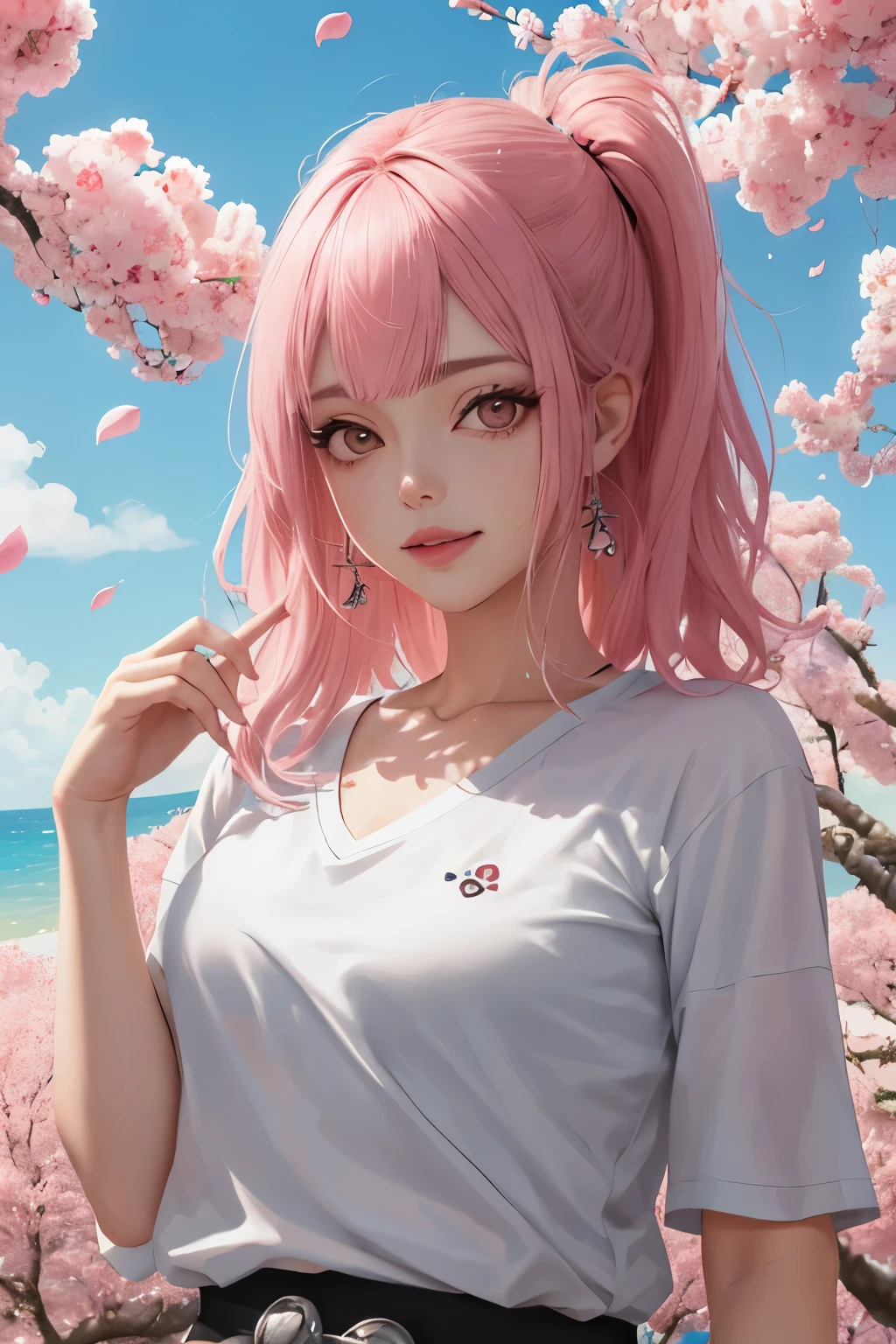 work of art, absurderes, hinata\(boruto\), 1 girl, standing alone,mature woman, T-shirt v neck, high waist mini skirt, gazing at viewer, (falling petals), perfect composition, detailded lips, large breasted, beautiful  face, body propotion, blush, (Pink lips), long hair,  purples eyes,  gentle look,  super realistico, detailded, photoshoot, realistic face and body, neckleace