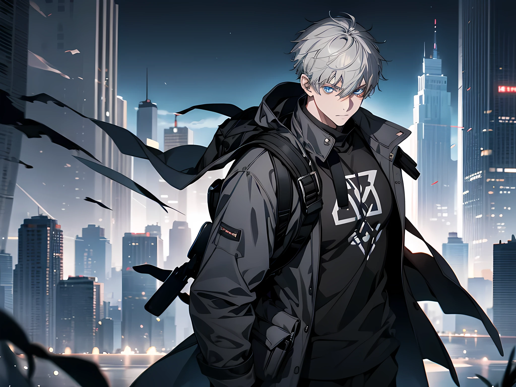 1 man, grey hair, short hair, blue eye color, wearing black tshirt with coat, cool facial expression, backpack on his back, face to detail, detailed eyes, perfect hands, holding two knife on his hands, standing, the background is destroyed city, half-body illustration