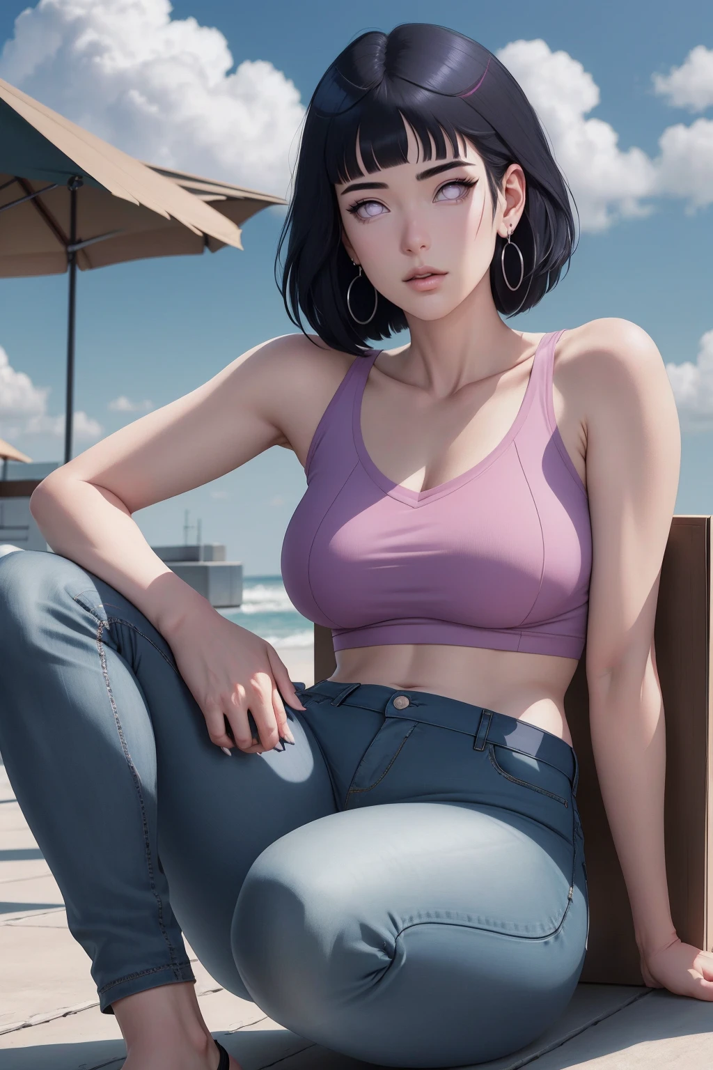 { - erreur d&#39;anatomie} (Chef-d&#39;œuvre - Ultra détaillé, très haute résolution) , absurdités, Hinata\(boruto\), 1fille, Seul,femelle mature, Cagoule violette,manches superposées, jeans, en plein air, ciel nuageux, composition parfaite, détaillé lips, grande poitrine, beau visage, proportion du corps, rougir, (Lèvres roses), short cheveux noirs (cheveux noirs), yeux lilas, aspect doux, super réaliste, détaillé, visage et corps réalistes, cheveux réalistes, yeux réalistes, nez réaliste, lèvres réalistes, avec de grandes boucles d&#39;oreilles créoles,  Anime. en lisant, en écrivant, poses dynamiques, bouche fermée. Pose différente.