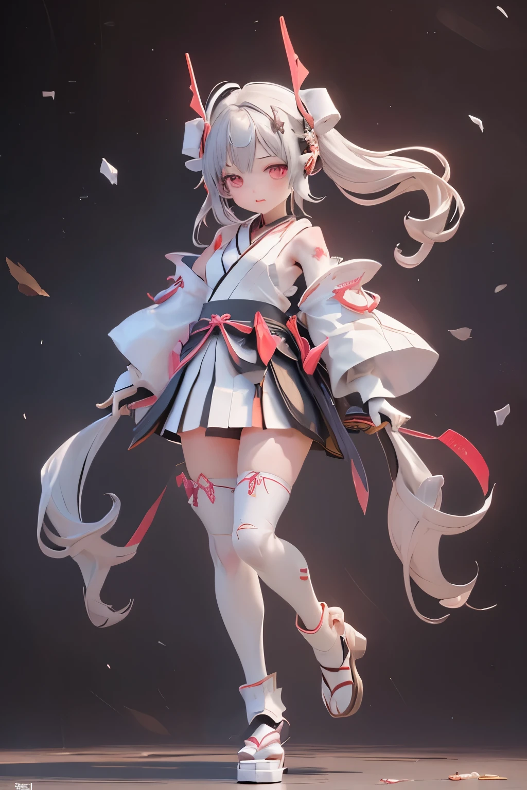 (highest quality)), ((masterpiece)), (very detailed: 1.3), 3d, {(japanese young girl)}, white theme, (ware a scarlet hakama:1.1), wear shrine maiden anime costume, (She is fused with futuristic Gundam mecha:1.2), with headgear, with v-fin , armored shoulders,armored under arms, armored under legs, (holding a Japanese sword in the right hand:1.2), multilayer textureperfect proportions, octane rendering, duotone lighting, Low ISO, wide aperture, White balance, Rule of thirds, ultra HD16k, HDR (High Dynamic Range), Ray Tracing, nvidia RTX, Super Resolution, Subsurface Scattering, PBR Texturing, Post Processing, Anisotropic Filtering, Depth of Field, Maximum Clarity and Clarity, High efficiency subpixel, subpixel convolution, particles of light, light scattered, Tyndall effect, full body:1.5, battle pose, cute, (cute:1.2), (bob cut:1.3),Braid, Black Hair, Thick eyebrows, Light-colored irises, Big, bright black eyes, Long eyelashes, Small, light-colored, natural lips, (Average face of Japanese idols), (The uniquely Japanese childlike face:1.3), (baby face), Wide forehead:1.2, Plump Cheeks, Small jaw, visible side boob, broken streets, Broken City,looking at viewer,Focus on the eyes, (Four perfect fingers, One thumb),