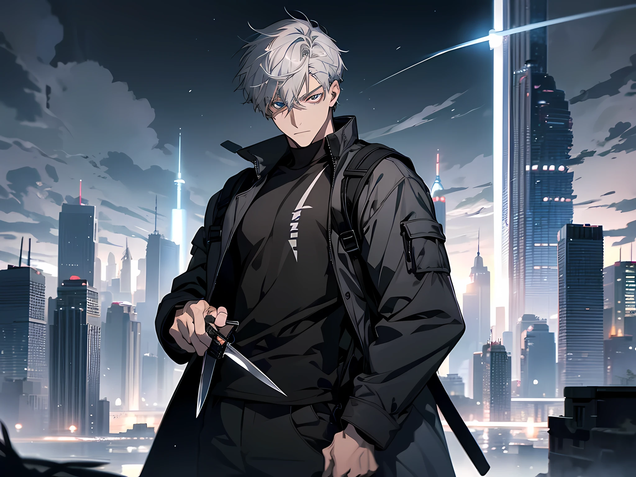 1 man, grey hair, short hair, blue eye color, wearing black tshirt with coat, cool facial expression, backpack on his back, face to detail, detailed eyes, perfect hands, holding two knife on his hands, standing, the background is destroyed city, half-body illustration