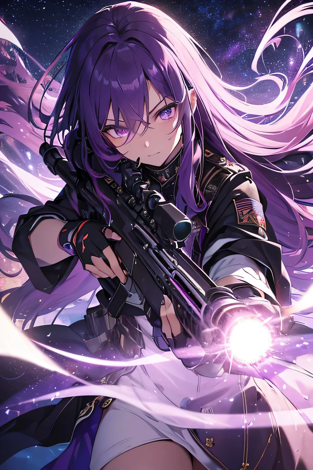 (High resolution, realistic, 4K, super detailed, masterpiece:1.2), Glowing purple eyes, purple hair, long hair, cowboy shot (no hat:1.3), Military Dresses, sniper rifles, Hecate, graceful aura, flowing dress, mysterious background, dramatic lighting, fierce expression, magical atmosphere, Bright colors, dynamic pose, enchanting beauty