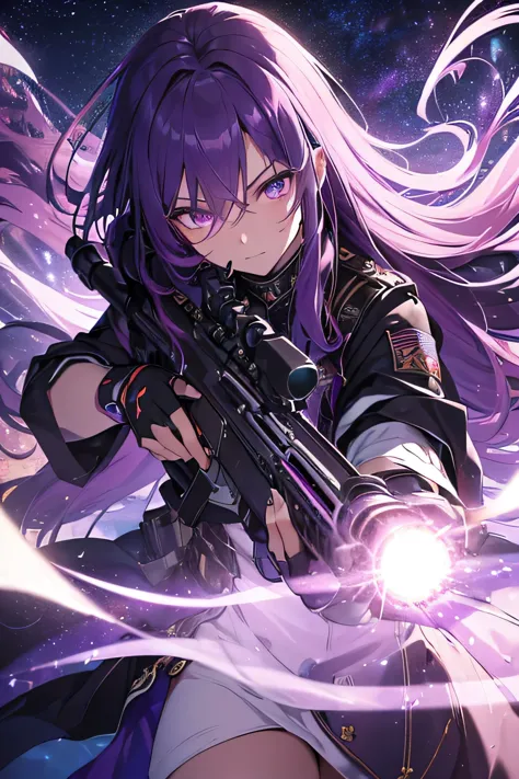 (High resolution, realistic, 4K, super detailed, masterpiece:1.2), Glowing purple eyes, purple hair, long hair, cowboy shot (no ...