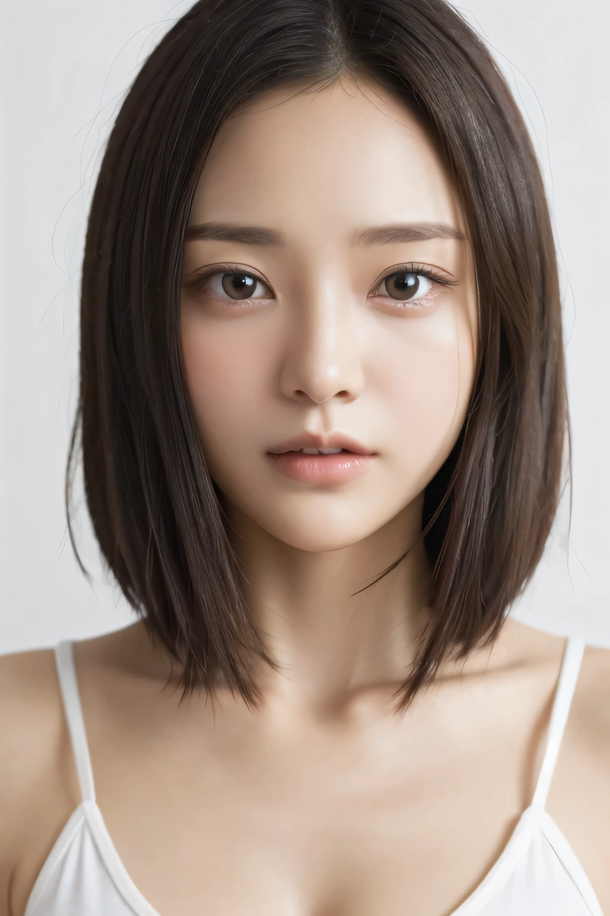 Beautiful woman、Japanese and Chinese half face、Her forehead is all visible due to her bob hair.、hair is light blue、Looking straight at me with no expression on my face、small chin、baby face、pure white background、wearing a white tank top