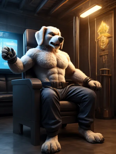 barefoot angry and fighting male anthro dog, dressed in blue hospital pants, sits strapped into a mind control device in the for...