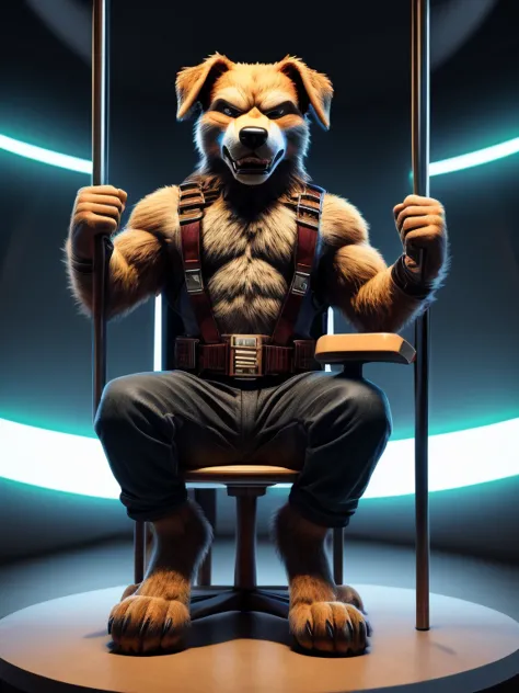 barefoot angry and fighting male anthro dog, dressed in blue hospital pants, sits strapped into a mind control device in the for...