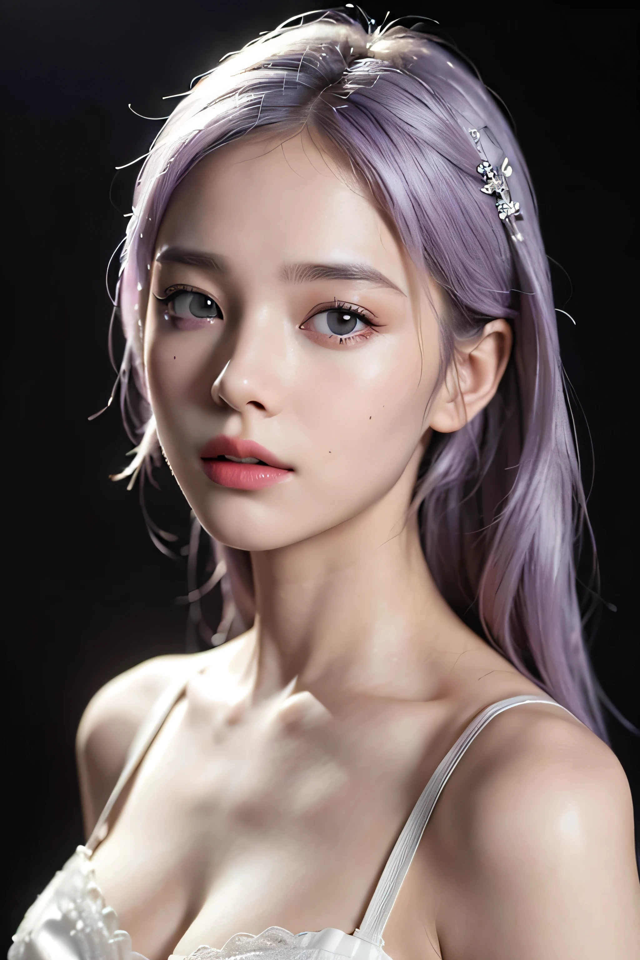 best quality,masterpiece,extremely detailed,high res,4k,ultra high res,detailed shadow,ultra realistic,realistic,dramatic lighting,1girl,solo,detailed face,realistic eyes,realistic skin,white dress,light purple hair, white lace dress,simple background,ID photo,