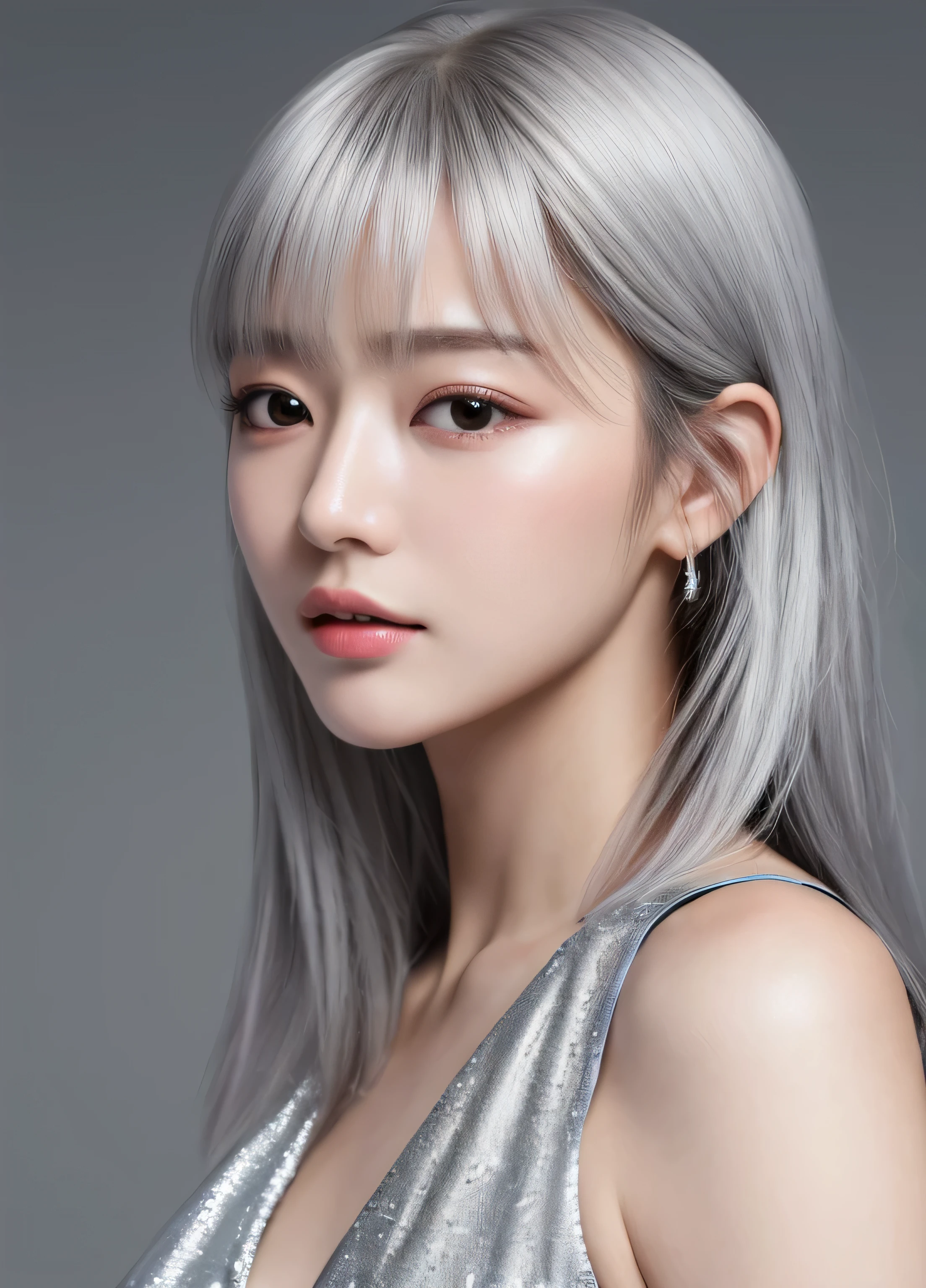 best quality,masterpiece,extremely detailed,high res,4k,ultra high res,detailed shadow,ultra realistic,realistic,dramatic lighting,1girl,solo,detailed face,realistic eyes,realistic skin,silver hair,dynamic pose, より現実的に,baby face,額が広い、水平な眉毛、垂れ目、ショートヘア、真正面、黒キャミソール,upper body,shoulder-level shot,重めの二重瞼,up nose,