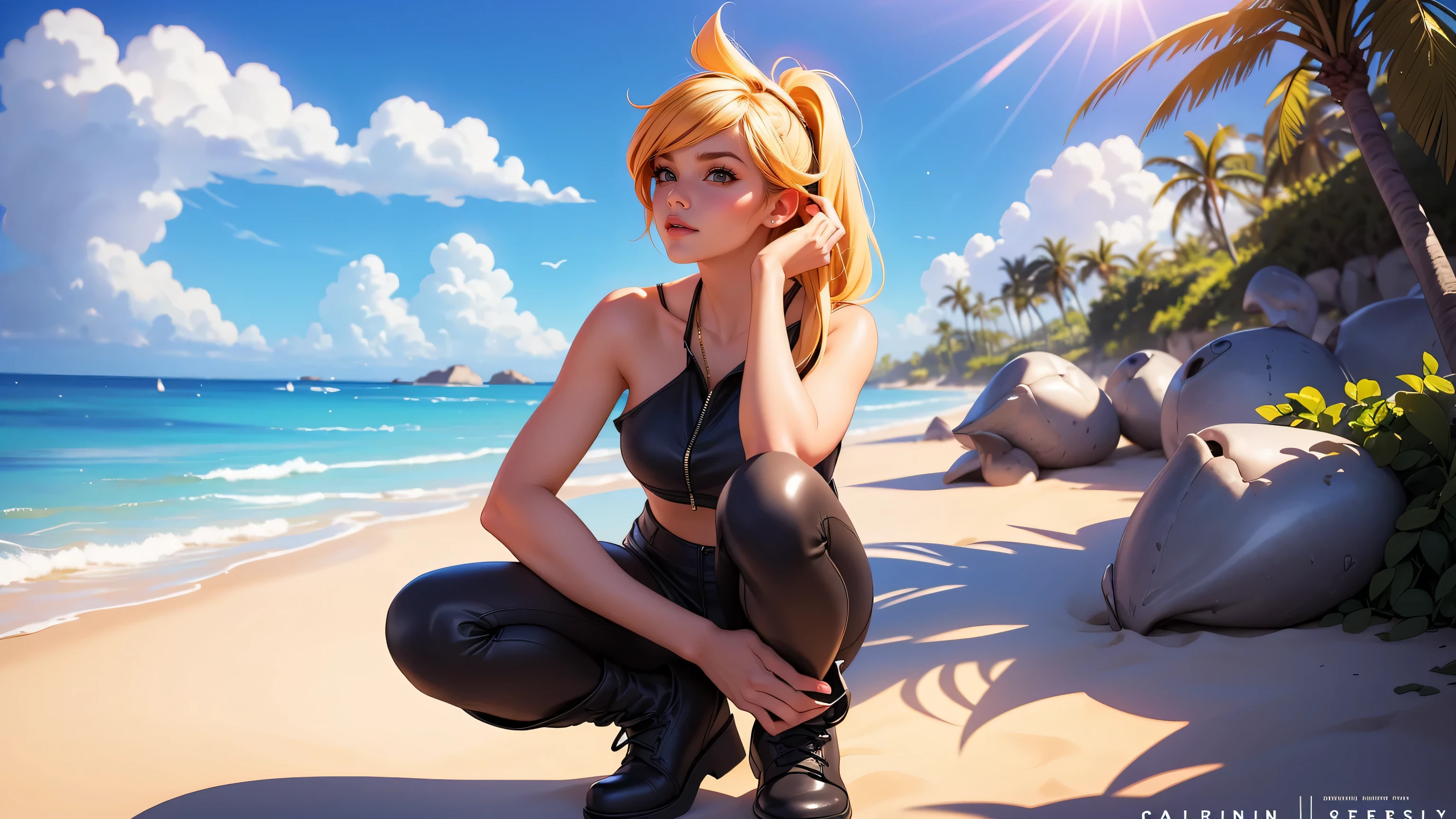 tracer from overwatch, 21 years old, naked, nude, no clothes, long hair, multicolored hair, sea shells, beach, waves, high noon, lens flare, clouds, nude, full body, cute face, blonde hair, colorful, beautiful