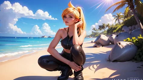tracer from overwatch, 21 years old, naked, nude, no clothes, long hair, multicolored hair, sea shells, beach, waves, high noon,...