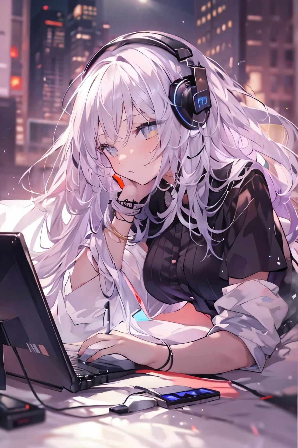 golden eyes、Woman using computer with big screen、silber hair、Semi-long hair、Wearing cool headphones,{{{{{{{{ Black Parker Oversize }}}}}}}},beautiful and delicate golden eyes,Thinking,Black clothes,
