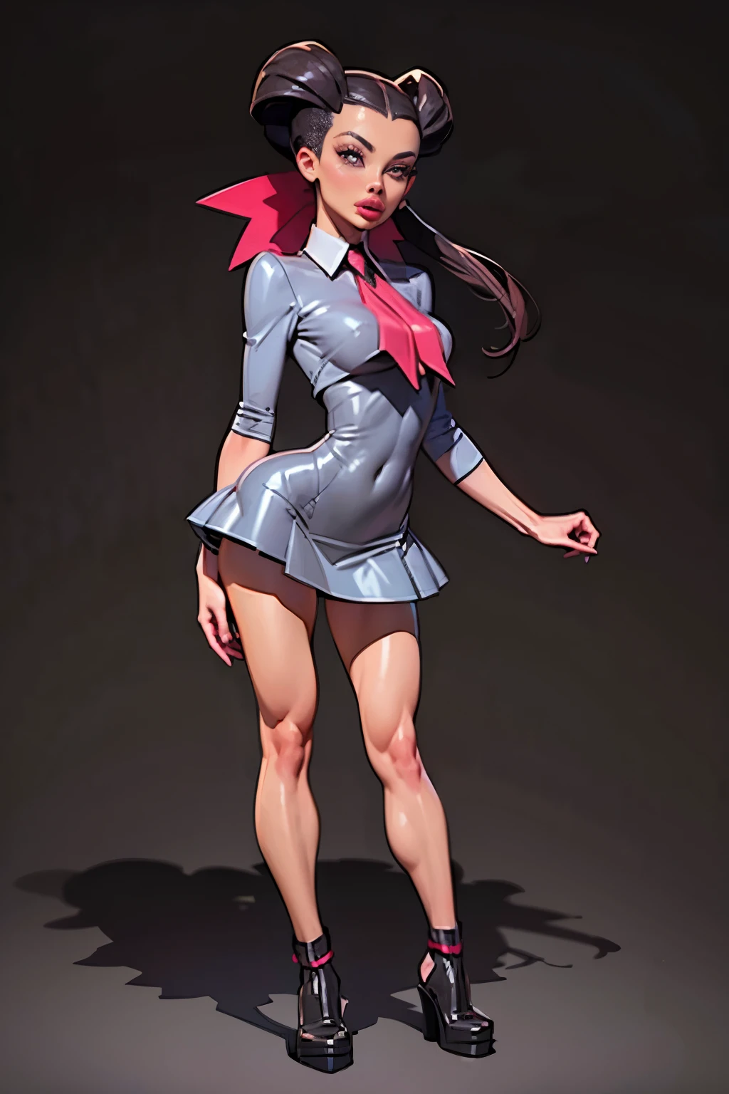 Generate an illustration of a mature Roxanne, gym leader of pokemon , (gray dress), hd, holding a pokeball  all,  (aletta ocean face), de terno preto, pink ascot, (twin ponytails),  long black hair, twin ponytail, shiny hair, (small breasts:1.2), outfit in anime format with a serious style, boots, make up, masterpiece, dark lighting, black background, puffy lips,(slendered abs), beautiful face,