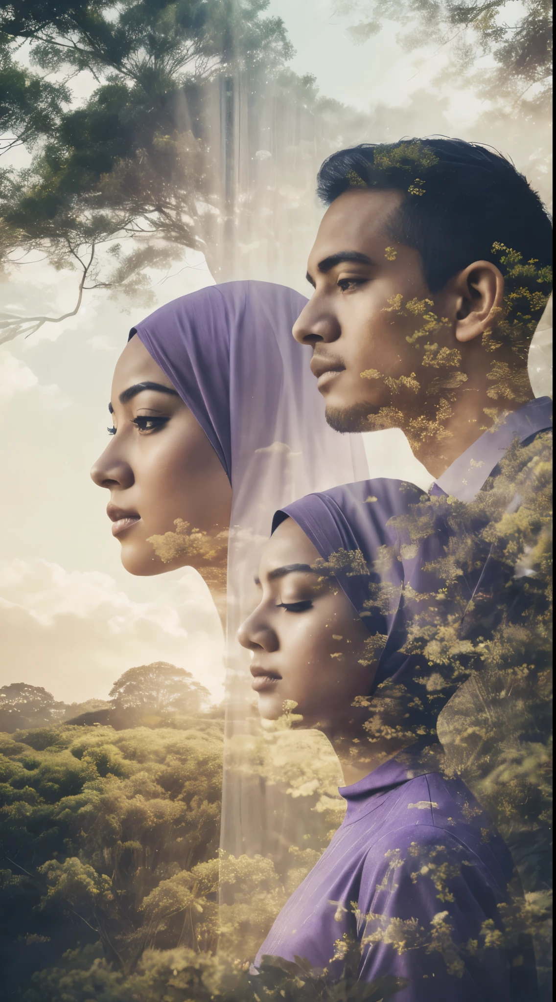Объедините портрет малайского мужчины и малайской девушки в хиджабе с безмятежным природным лавандовым пейзажем., создание гармоничного эффекта двойной экспозиции, Драматический постер с двойной экспозицией,