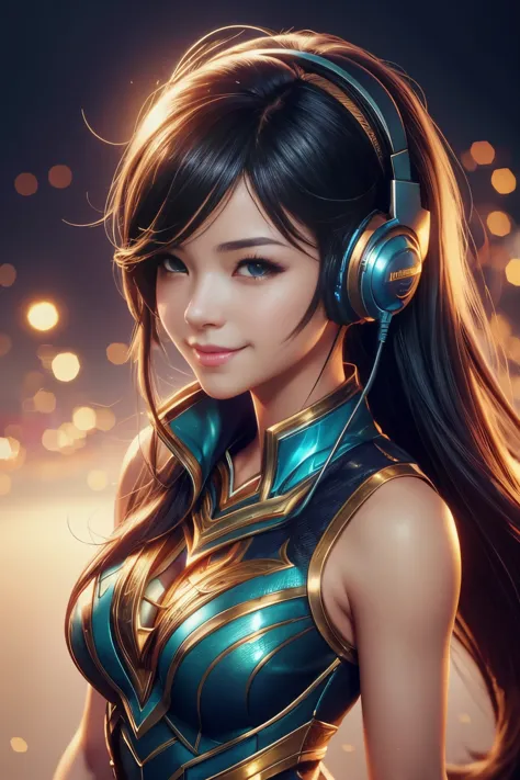 a close up of a girl with headphones on smiling, 8k artgerm bokeh, rossdraws global illumination, league of legends character, s...