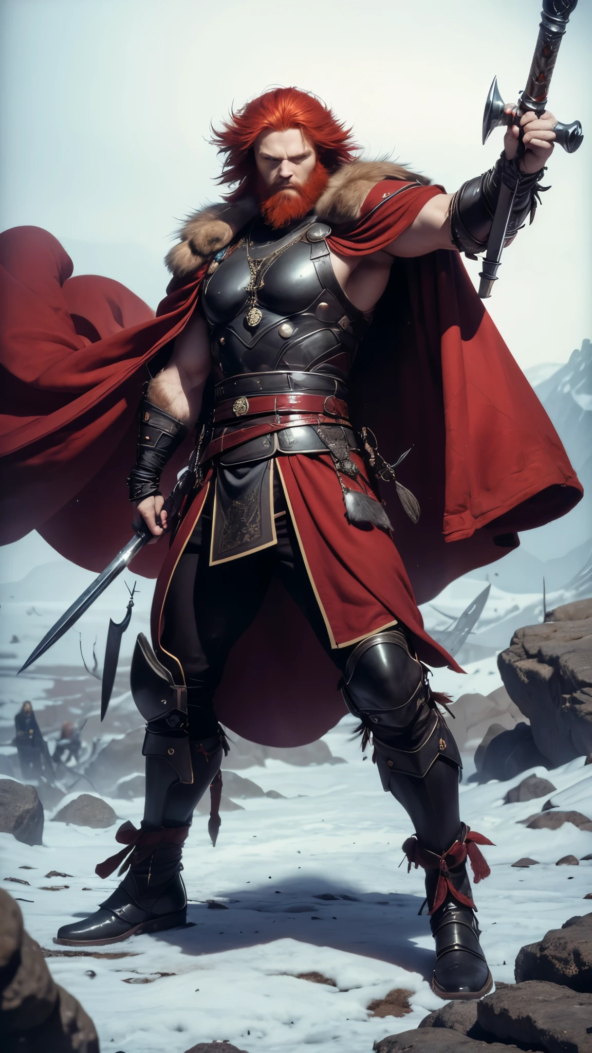 (best quality,4k,8k,highres,masterpiece:1.2),ultra-detailed, 1man, Norse god Thor, red hair, red beard, wearing furs, brown trousers, brown heavy fur cape, chain mail shirt, raging eyes, victorious pose, wielding a hammer, drawn in the style of Yoshitaka Amano, HDR, 8k, absurdres, cinestill 800, sharp focus
