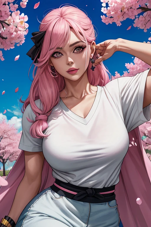 work of art, absurderes, hinata\(boruto\), 1 girl, standing alone,mature woman, T-shirt v neck, high waist mini skirt, gazing at viewer, (falling petals), perfect composition, detailded lips, large breasted, beautiful  face, body propotion, blush, (Pink lips), long hair,  purples eyes,  gentle look,  super realistico, detailded, photoshoot, realistic face and body, neckleace