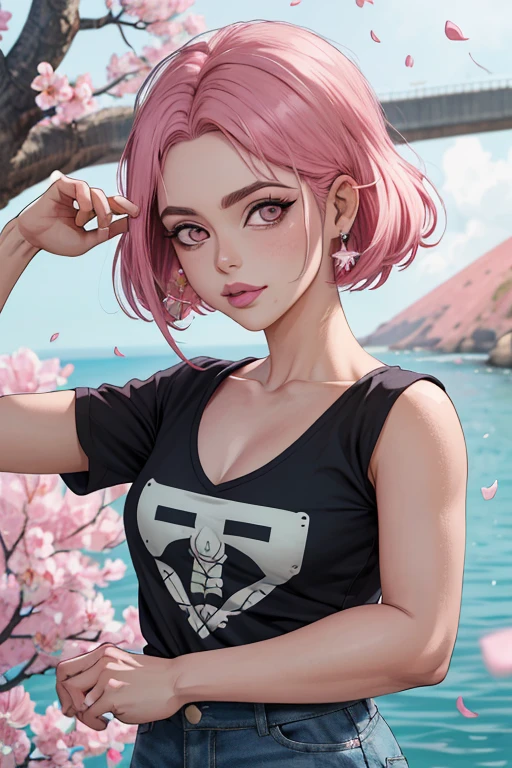 work of art, absurderes, hinata\(boruto\), 1 girl, standing alone,mature woman, T-shirt v neck, high waist mini skirt, gazing at viewer, (falling petals), perfect composition, detailded lips, large breasted, beautiful  face, body propotion, blush, (Pink lips), long hair,  purples eyes,  gentle look,  super realistico, detailded, photoshoot, realistic face and body, neckleace