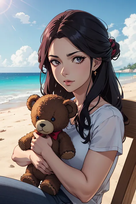 There's a woman holding a teddy bear on the beach, Retrato realista kawaii, Linda garota de anime, visual de anime de uma linda ...