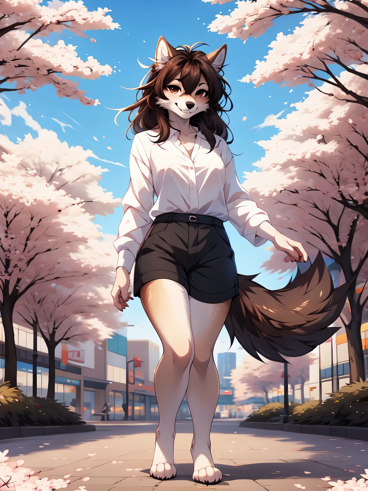  by fumiko, by hyattlen, by hioshiru, jaiden, brown wolf,  female, feminine, small breasts, wolf ears, brown eyes, long brown hair, cute snout, black nose, grinning, perfect canine teeth smile, wearing white blouse, black shorts, barefoot, 4 toes, in a strip mall, cherry blossom park, elegant pose, walking towards viewer