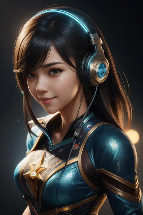 a close up of a girl with headphones on smiling, 8k artgerm bokeh, rossdraws global illumination, league of legends character, s...