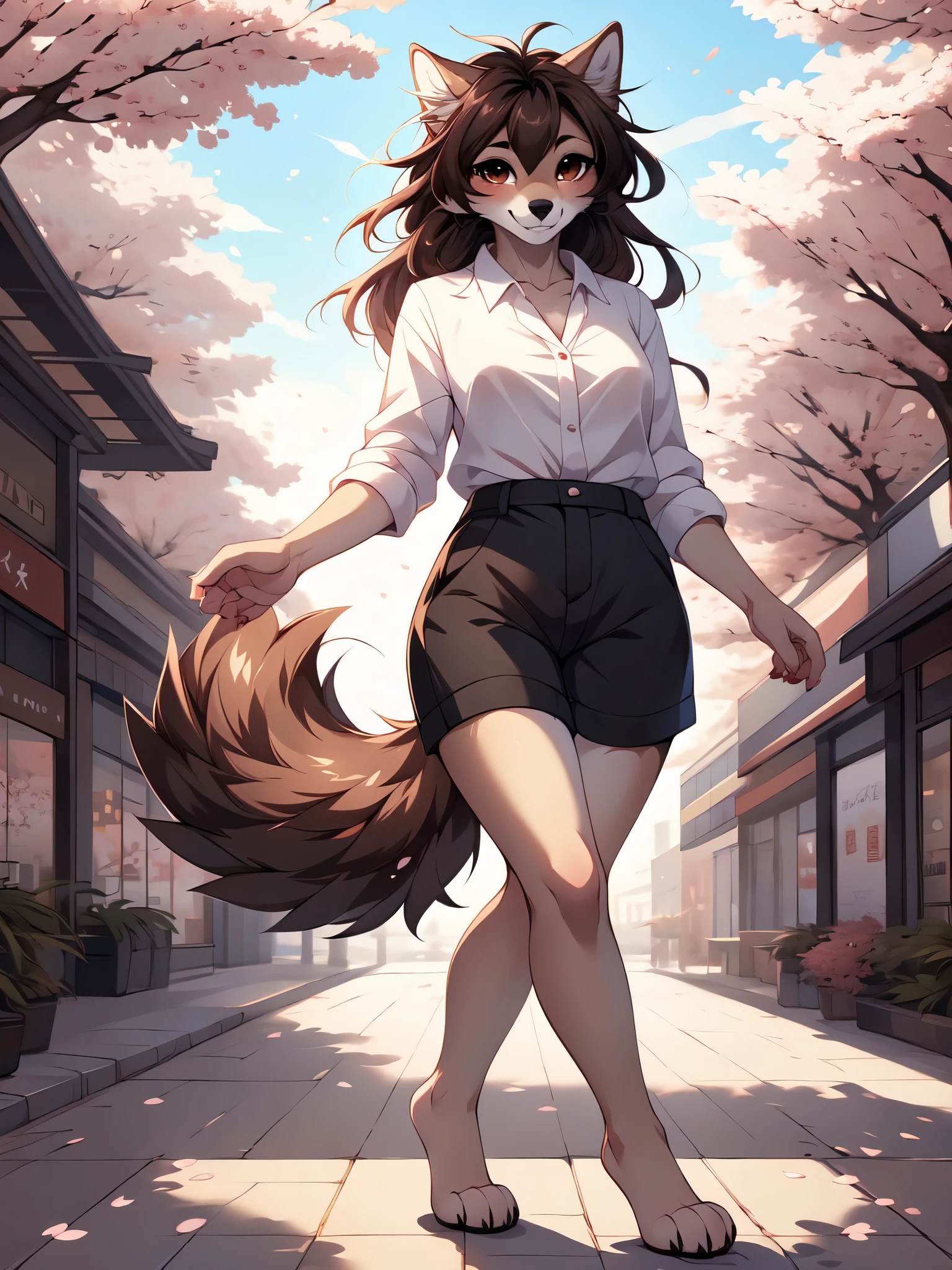  by fumiko, by hyattlen, by hioshiru, jaiden, brown wolf,  female, feminine, small breasts, wolf ears, a single brown wolf tail,  brown eyes, long brown hair, cute snout, black nose, grinning, perfect canine teeth smile, wearing white blouse, black shorts, barefoot, 4 toes, in a strip mall, cherry blossom park, elegant pose, walking towards viewer