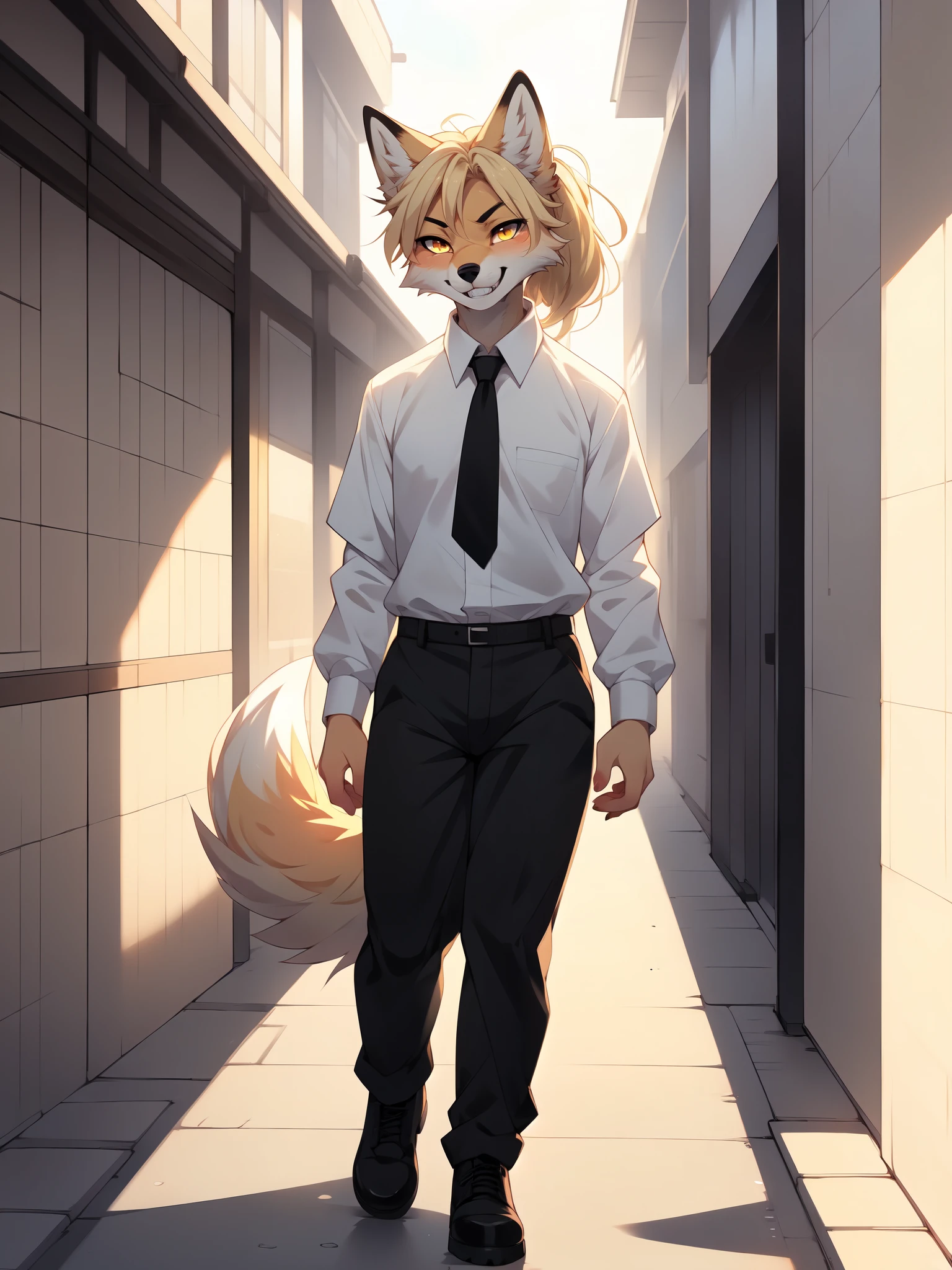  by fumiko, by hyattlen, by hioshiru, Kimiko, tan fox boy, blonde fox tail, fox ears, yellow eyes, cute snout, black nose, blonde ponytail, wearing white button up shirt, black tie, black slacks, black combat boots, grinning, canine teeth, furrowed eyebrows, walking, in a Japanese school campus, pov, front view