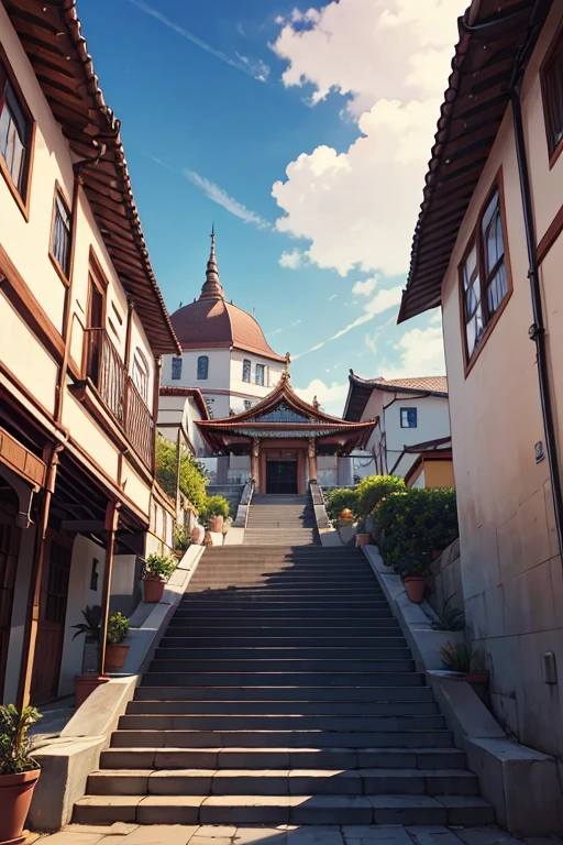 サユデフ, 全身, 笑顔, 赤面, 屋外, は, シンプルな背景, blue 空, ショートヘア, 空, 寺, 観客を見て, 階段に座っている, 村, 不機嫌そうなライト,