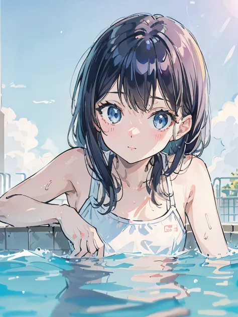 A girl peeking out of the school pool、summer、close up of face、school swimwear、See here