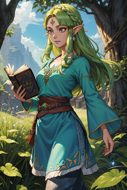 Princesse Zelda, 1 fille, Demande de l&#39;artiste, ceinture, cheveux blonds, blue chemise, livre, bottes, pince-sans-rire, tout le corps, yeux verts, haute résolution, regarder le spectateur, la magie, Nintendo, pantalon, oreilles pointues, chemise, cheveux courts, fond simple, seul, Une Lenda de Zelda, Une Lenda de Zelda: Le souffle de la nature, Une Lenda de Zelda: les larmes du royaume, fleur faite de lumière, la magie