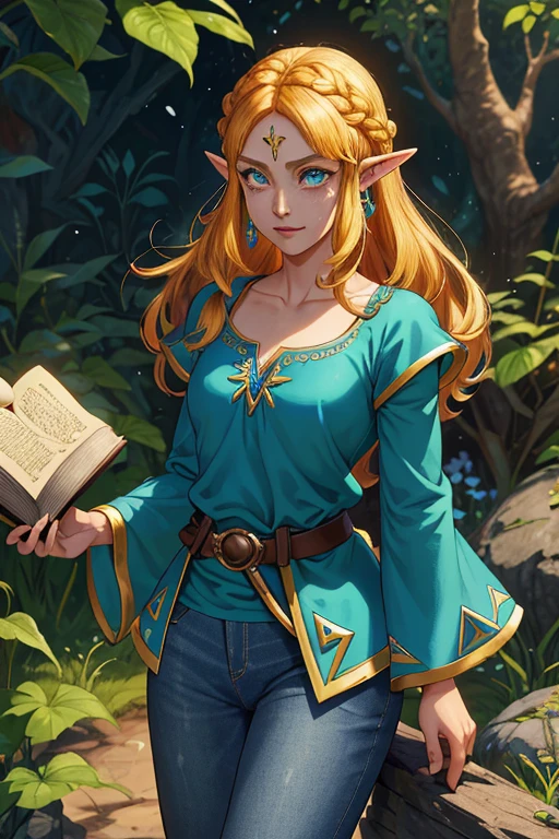 Princesse Zelda, 1 fille, Demande de l&#39;artiste, ceinture, cheveux blonds, blue chemise, livre, bottes, pince-sans-rire, tout le corps, yeux verts, haute résolution, regarder le spectateur, la magie, Nintendo, pantalon, oreilles pointues, chemise, cheveux courts, fond simple, seul, Une Lenda de Zelda, Une Lenda de Zelda: Le souffle de la nature, Une Lenda de Zelda: les larmes du royaume, fleur faite de lumière, la magie