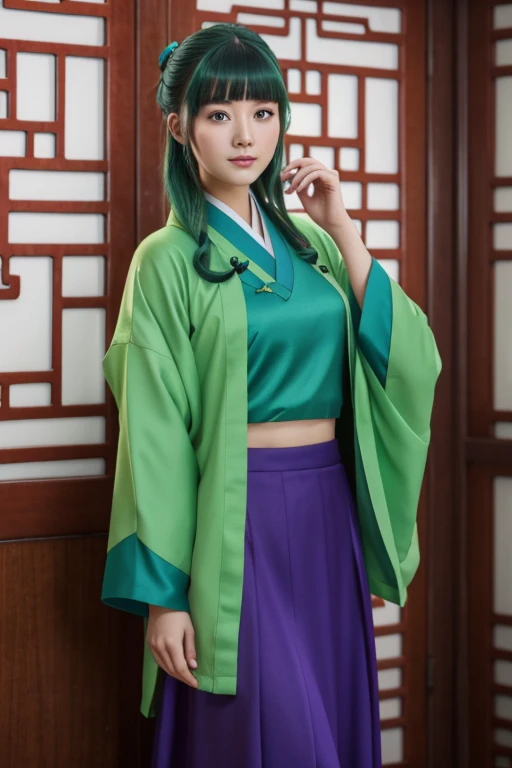 la plus haute qualité, 8ก, Très détaillé, Image virtuelle, 1 fille, En tout, kimono de style chinois, veste verte, jupe longue violette, yeux bleus, Un cheveu vert
