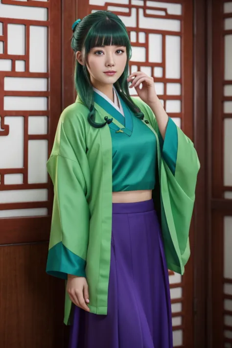 Highest quality, 8ก, very detailed, Virtual image, 1 girl, All in all, Chinese style kimono, green jacket, purple long skirt, bl...