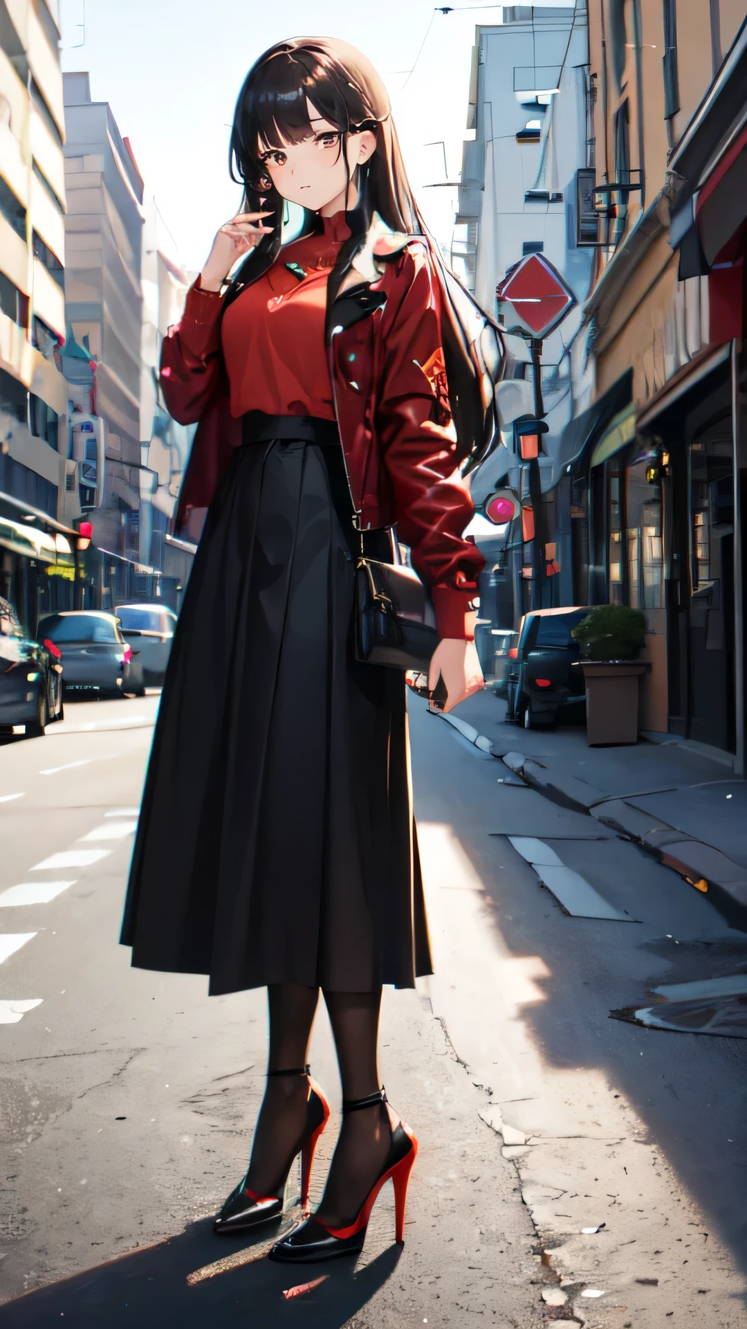 ((masterpiece, high resolution, best quality, best details, anime)), a woman standing on the street, dressed in a long skirt, leather jacket, red blouse and pumps high heels, (((long loose black skirt))), leather jacket black, pumps platform high heels, ((pantyhose)), long straight hair, light brown hair, silver eyes, street landscape, (((ankle length skirt))), fabric skirt, fabric blouse, ((full skirt without openings)),