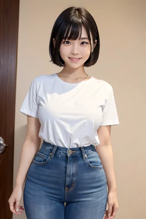 (narrow eyes:1.1), frontal shot , From the middle , (black eye), (japanese woman), 1 girl, (small eyes), very beautiful 17 year old girl, beautiful breasts:1.5, (highly detailed eyes:1.2), (beautiful breasts:1.1), short hair, bangs, (thick legs, huge hips,...