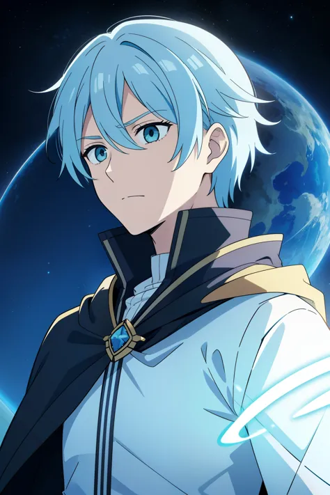 (high-quality, breathtaking),(expressive eyes, perfect face) 1male, male, solo, short height, young teenager age, medium length hair, Light blue hair color, white strands in hair, unkept hair, bluey green eyes, kind expression, black cloak, white shirt, fa...