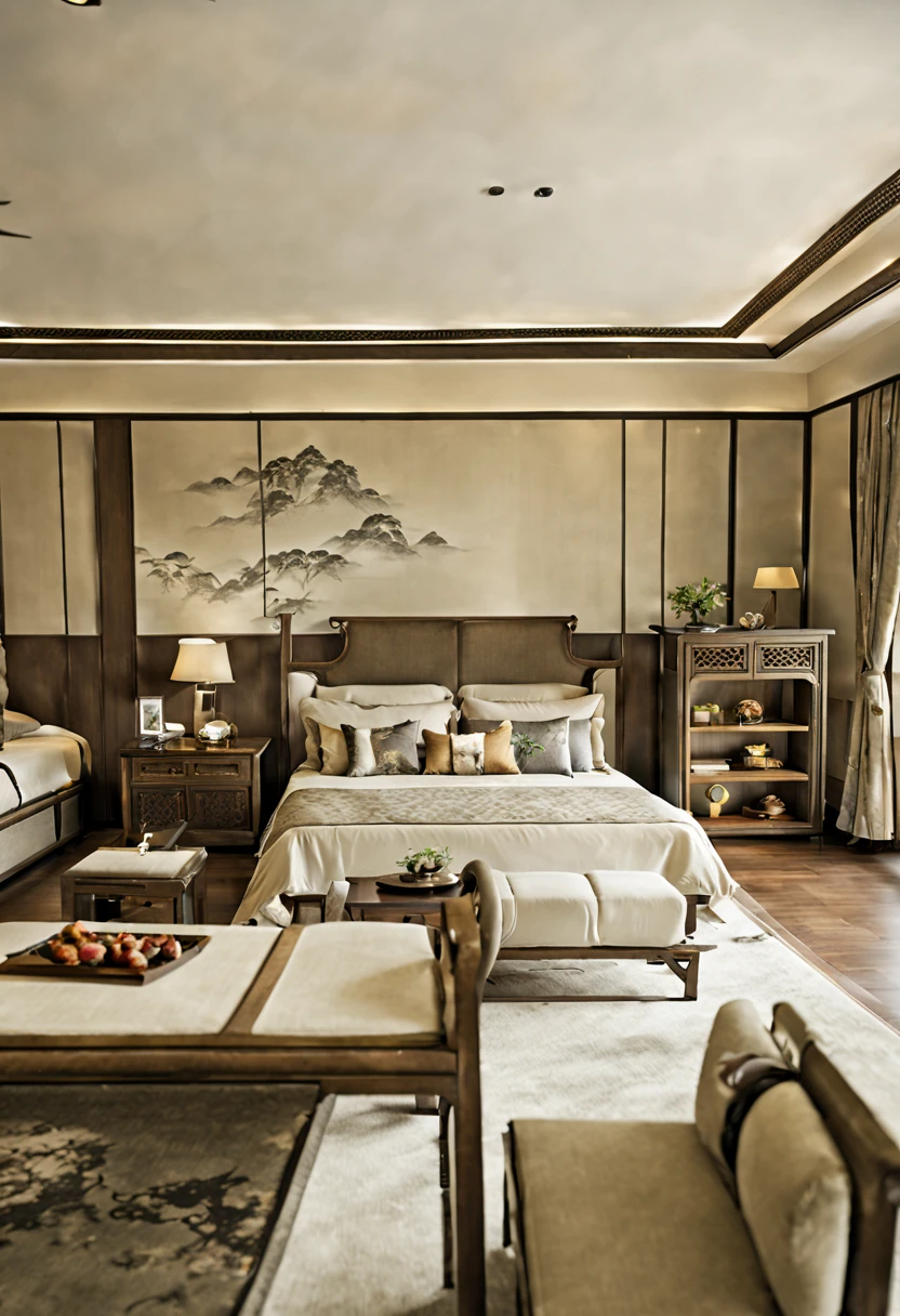 Lao Chen, Interior, Bedroom, New Chinese, couch, table, indoors, carpet, wooden floor
